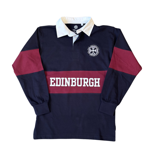 A navy blue and maroon varsity rugby shirt featuring a white collar and a two-button placket. The shirt has a bold maroon horizontal stripe across the chest with "EDINBURGH" printed in white capital letters. On the upper left chest area, there is a white University of Edinburgh crest. The long sleeves have matching maroon panels on the upper arms, and the cuffs are ribbed.