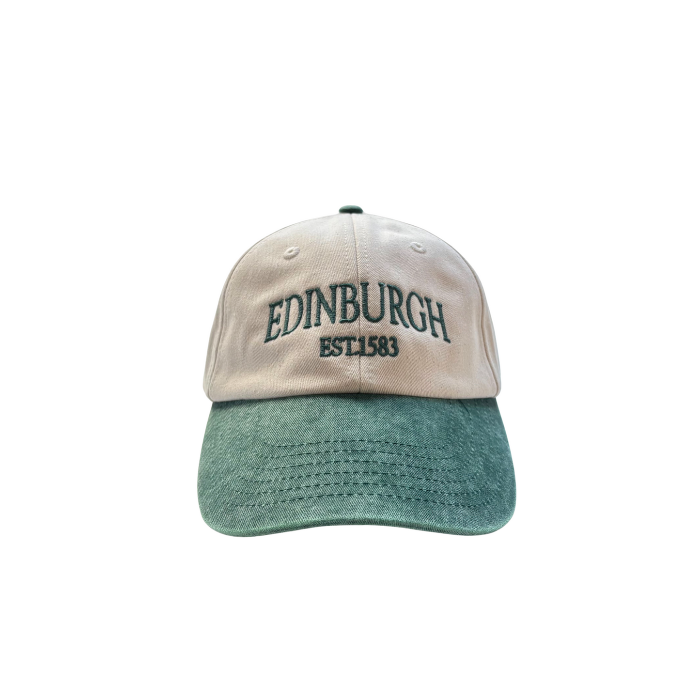 Front of Natural canvas cap with washed green peak and 'EDINBURGH EST. 1583' embroidered in green.