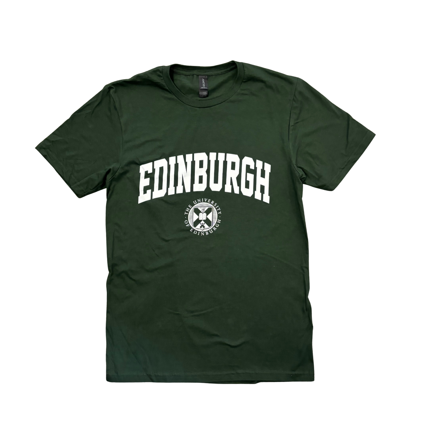 Green t-shirt with 'Edinburgh' printed in white above the University Crest.