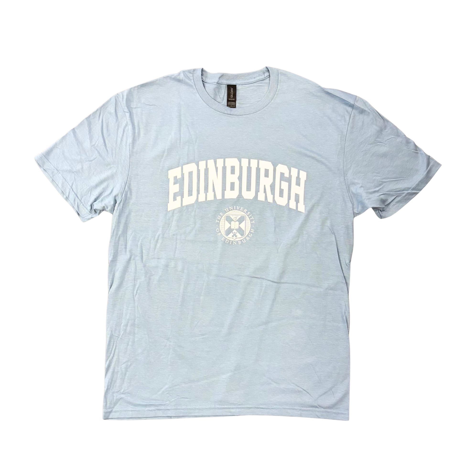 Stone blue t-shirt with 'Edinburgh' printed in white above the University Crest.