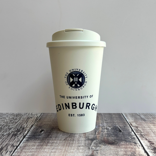 Eco Coffee Cup in white with screw-on flip-lid and 350 ml capacity. Features the University crest and our established print in navy. 