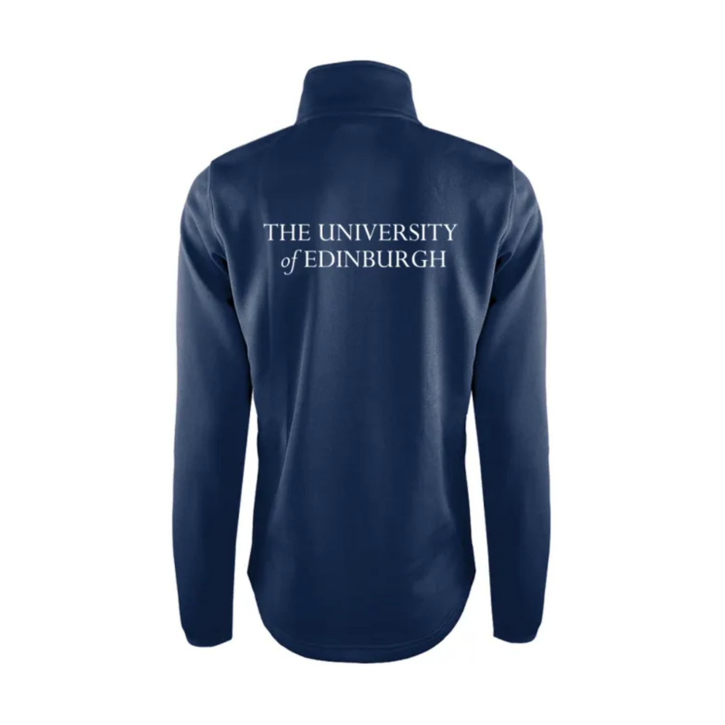 Back of navy sweatshirt has 'THE UNIVERSITY OF EDINBURGH' printed in white.