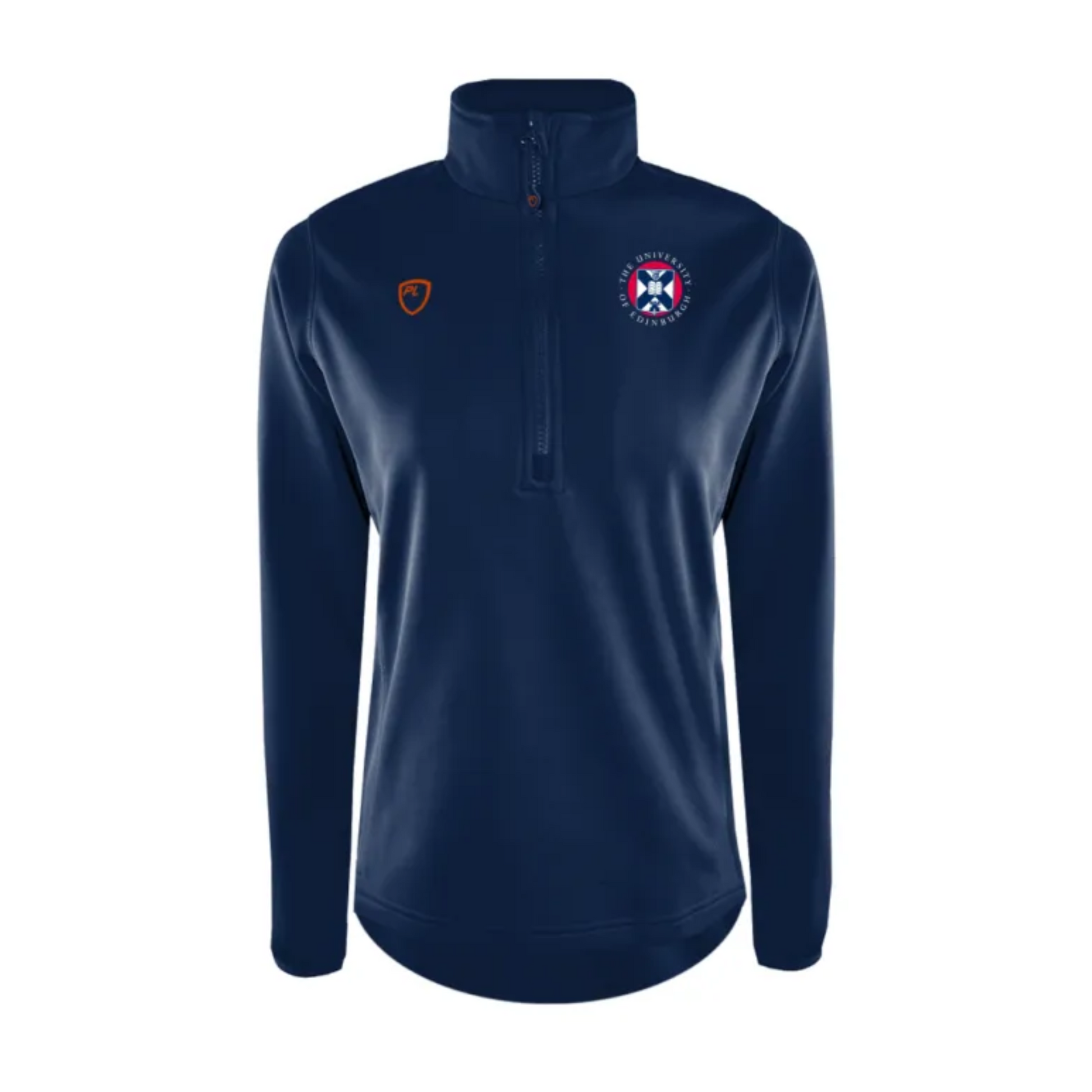 Navy 1/4 zip sweatshirt with the orange PlayerLayer logo on the left and the University crest embroidered on the right. 