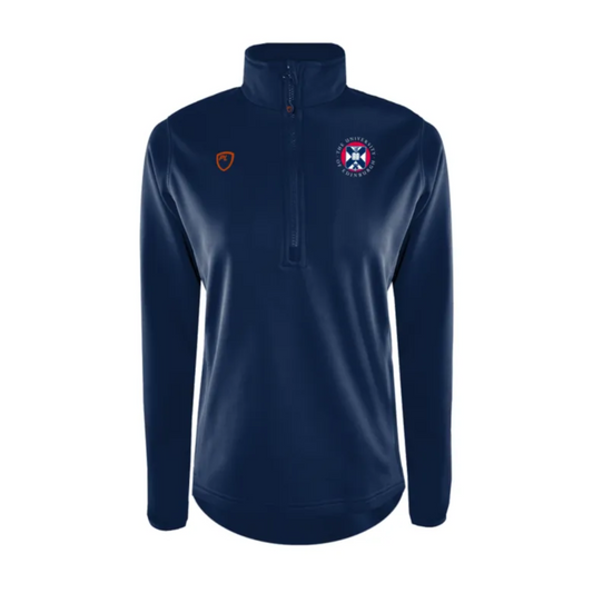 Navy 1/4 zip sweatshirt with the orange PlayerLayer logo on the left and the University crest embroidered on the right. 