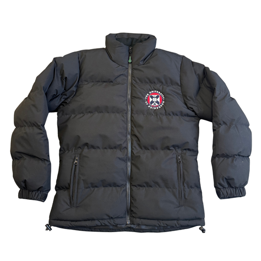 Full zip black puffer with collar, zip pockets, and adjustable cuffs. Features full colour university crest.