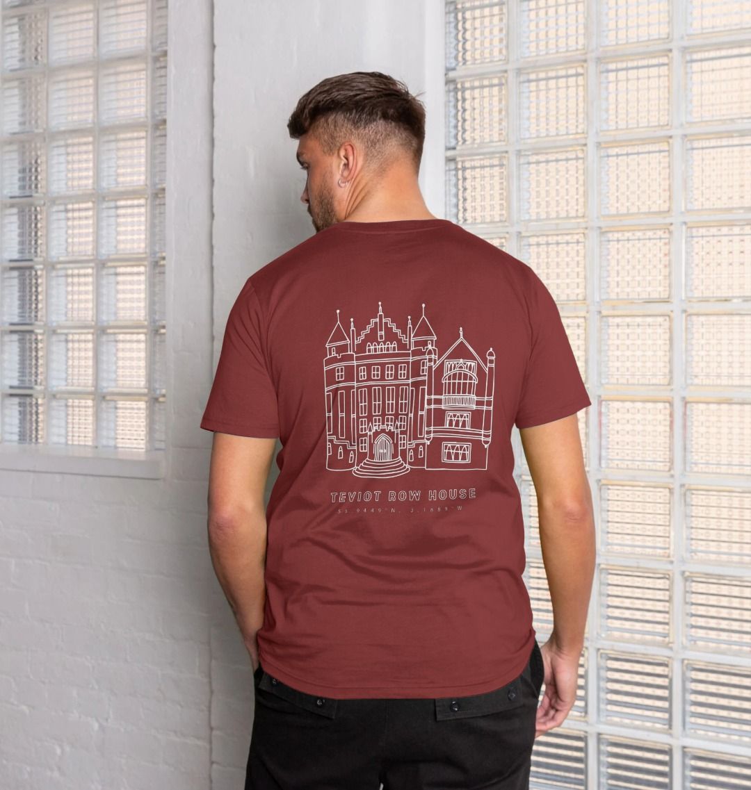 Model shows back of Red Wine Teviot Row House Coordinates Design T-Shirt
