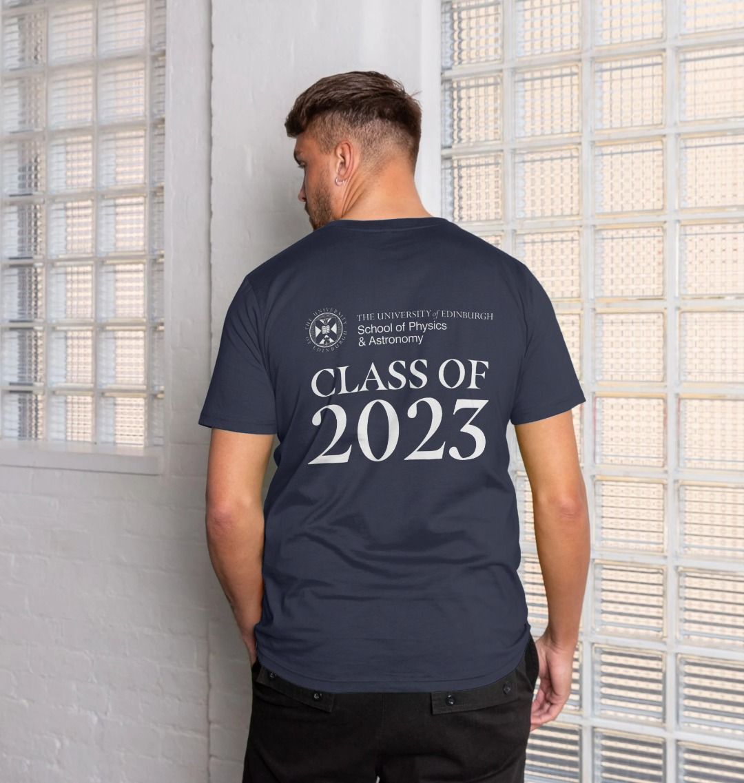 Model wears Navy Blue School of Physics & Astronomy 'Class Of' Graduate T-Shirt showing back design.