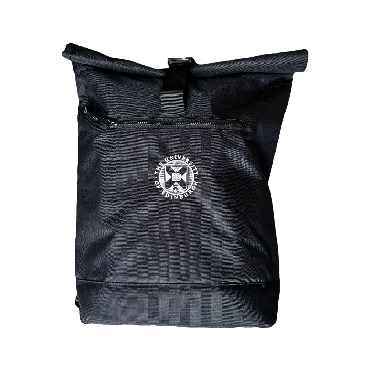 Black roll-top backpack with University of Edinburgh crest stitched on the centre in white.