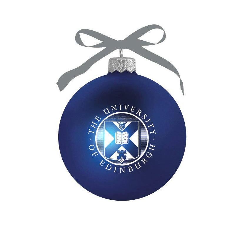 Navy bauble with a white University of Edinburgh crest tied by a white ribbon.