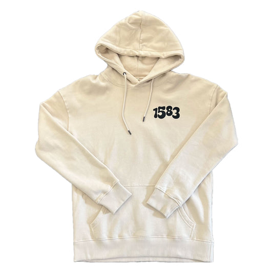 Cream coloured Hoodie with bubble text. Showing the front with '1583' detail.