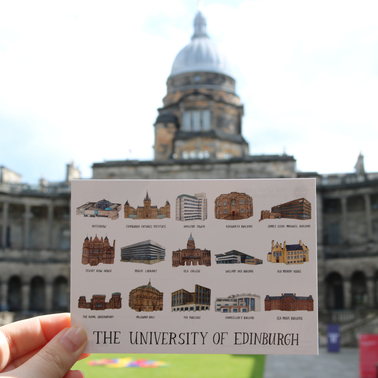 The Buildings postcard pictured in front of the Old College Dome.