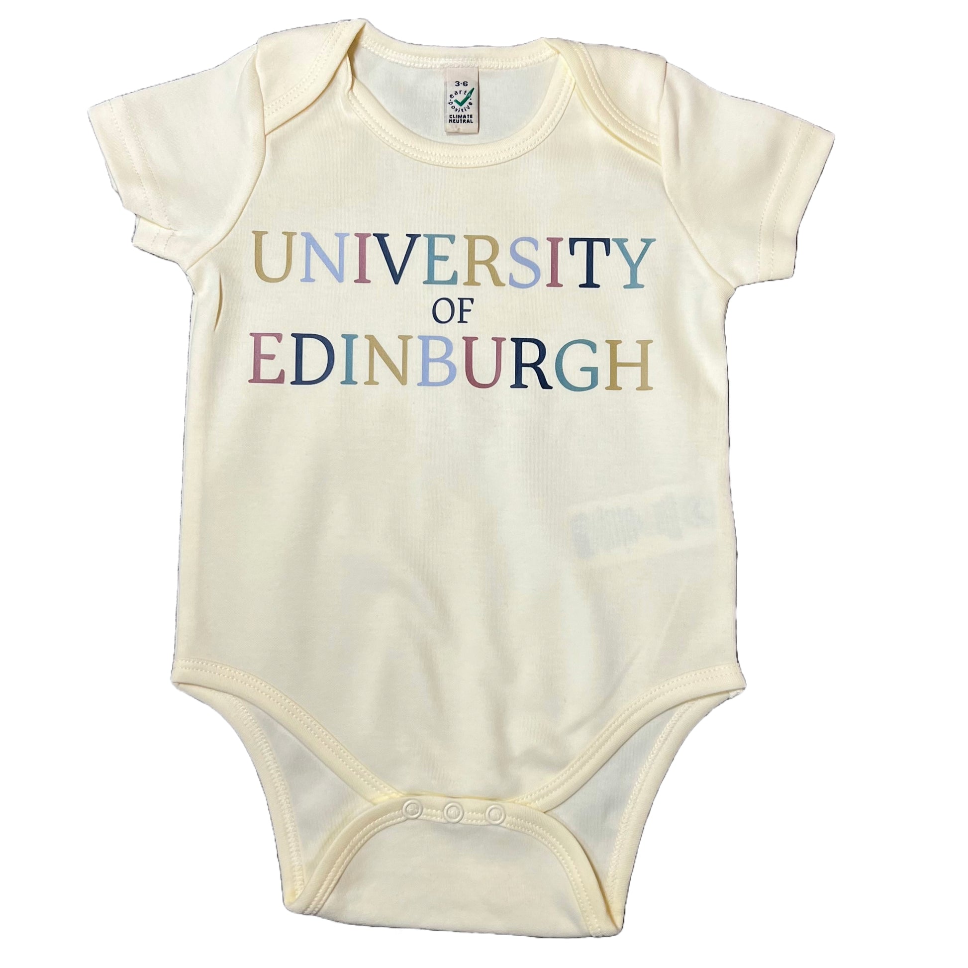 Colourful Kids babygrow in Ecru (Sandy White). Text reads 'University of Edinburgh' in colourful lettering.
