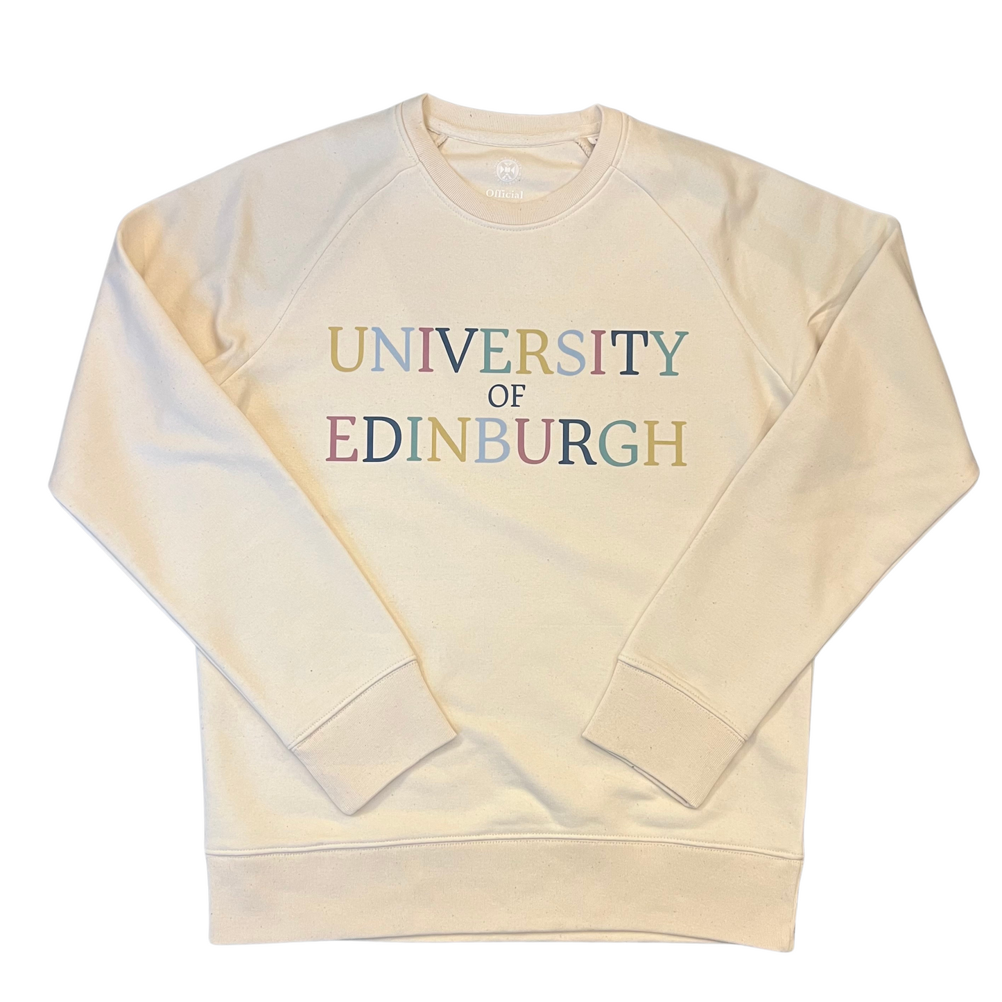a cream coloured crew sweatshirt with colourful lettering spelling out university of edinburgh