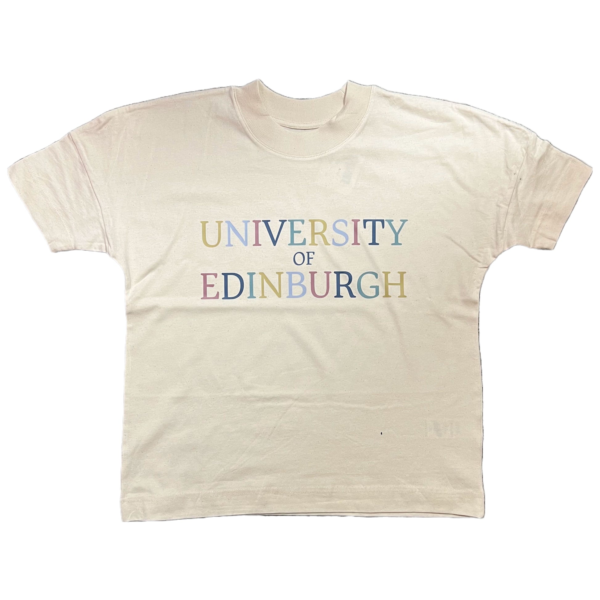 Pictured is Colourful Oversized T-shirt in Natural (Sandy White). Text reads 'University of Edinburgh' in colourful lettering.