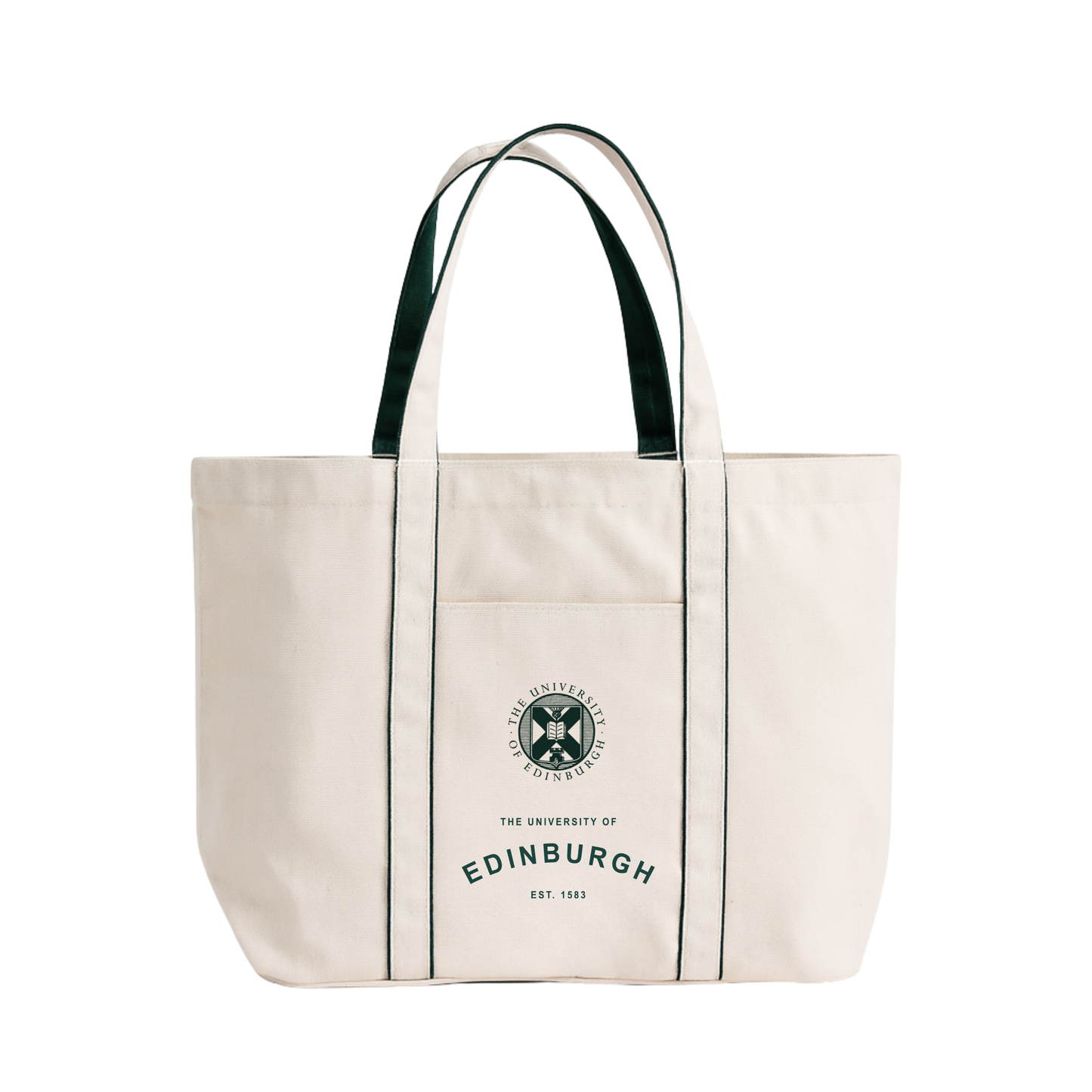 A cream-colored canvas tote bag featuring the University of Edinburgh crest and 'THE UNIVERSITY OF EDINBURGH EST. 1583' text in green. The bag has two sturdy handles with a dark green inner lining and vertical green piping accents. The design is printed on an exterior slip pocket on the front.