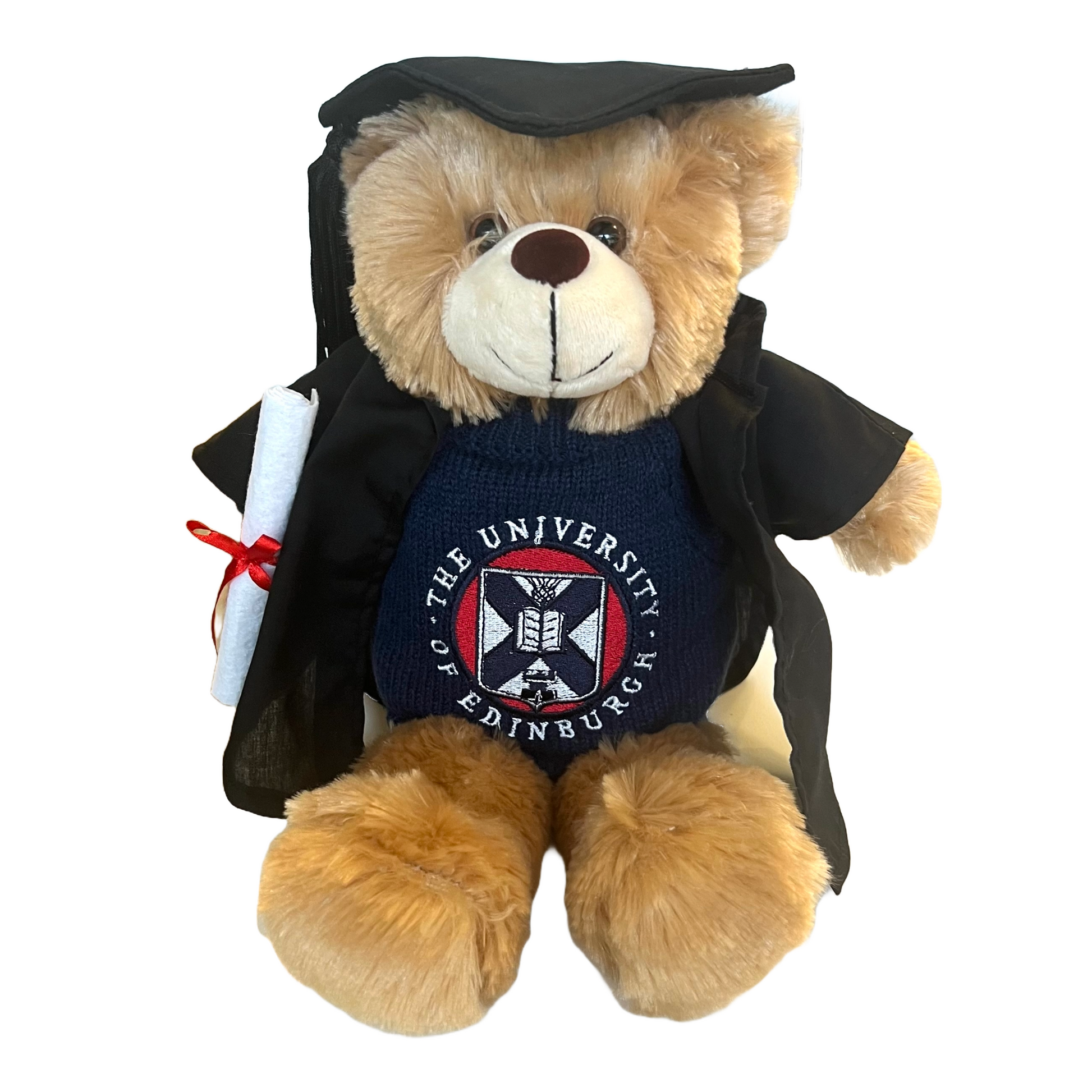 Brown teddy bear wearing knitted navy jumper with university crest embroidered, with graduation cap, gown and scroll