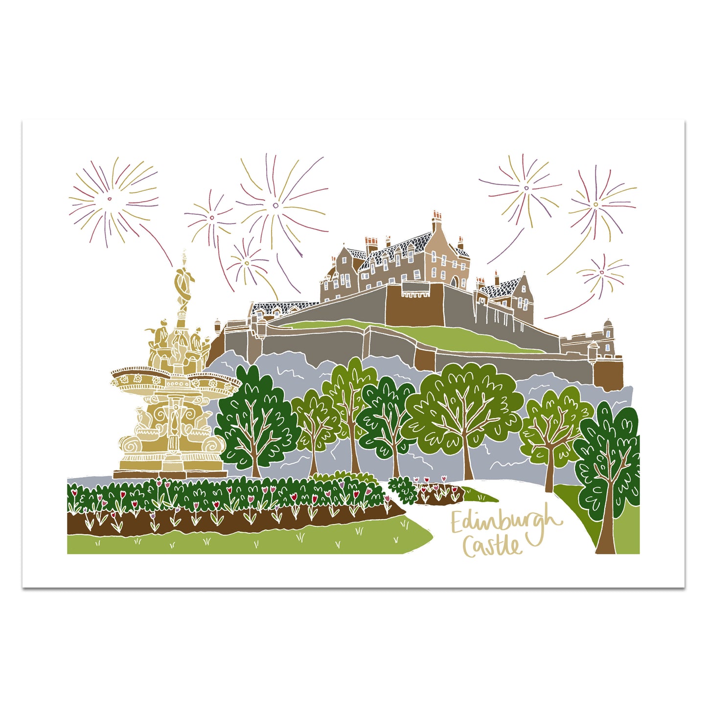 Art Print of Edinburgh Castle. White Background with building on mound with a representation of Princes Street Gardens at base.