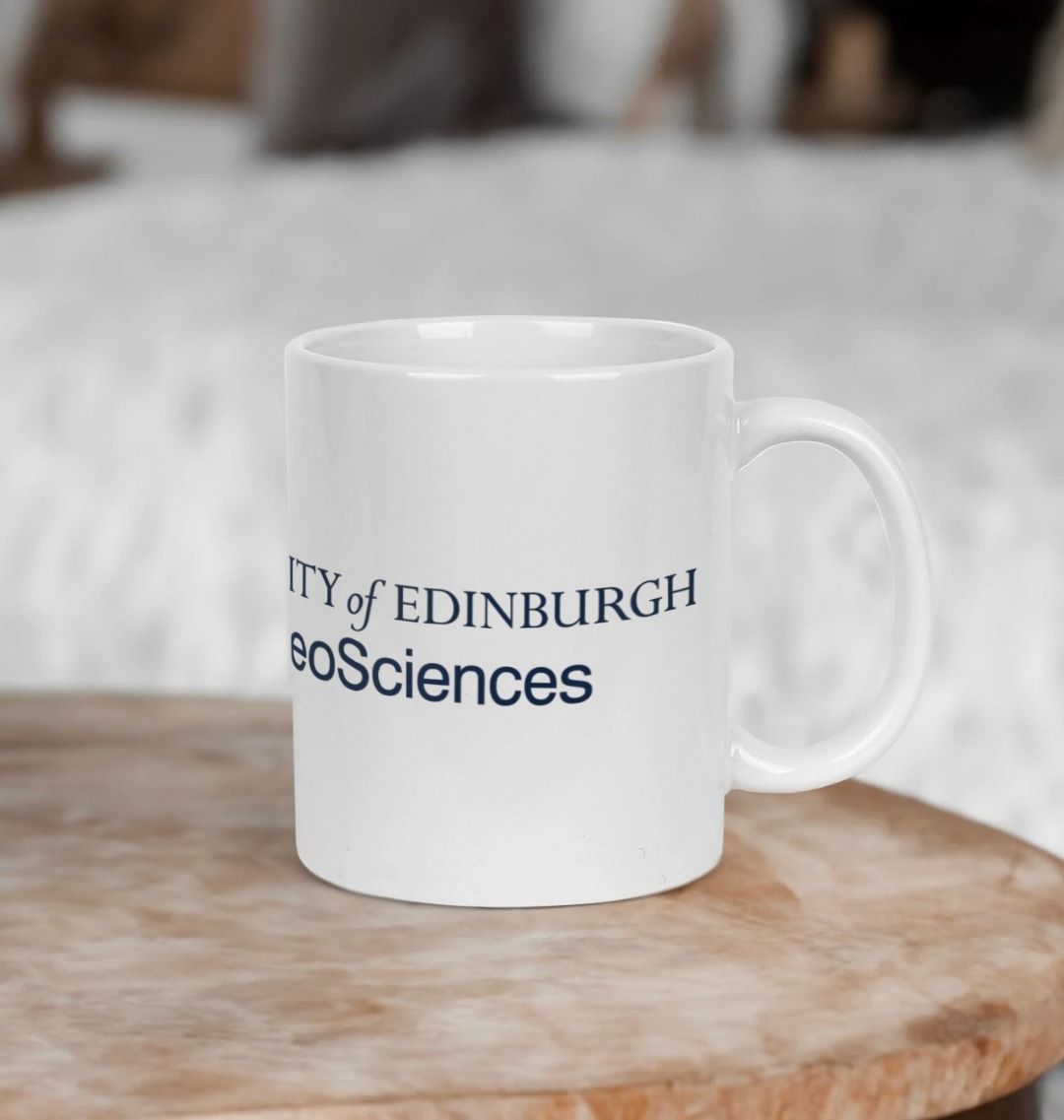 White School of GeoSciences mug with multi-colour printed University crest and logo