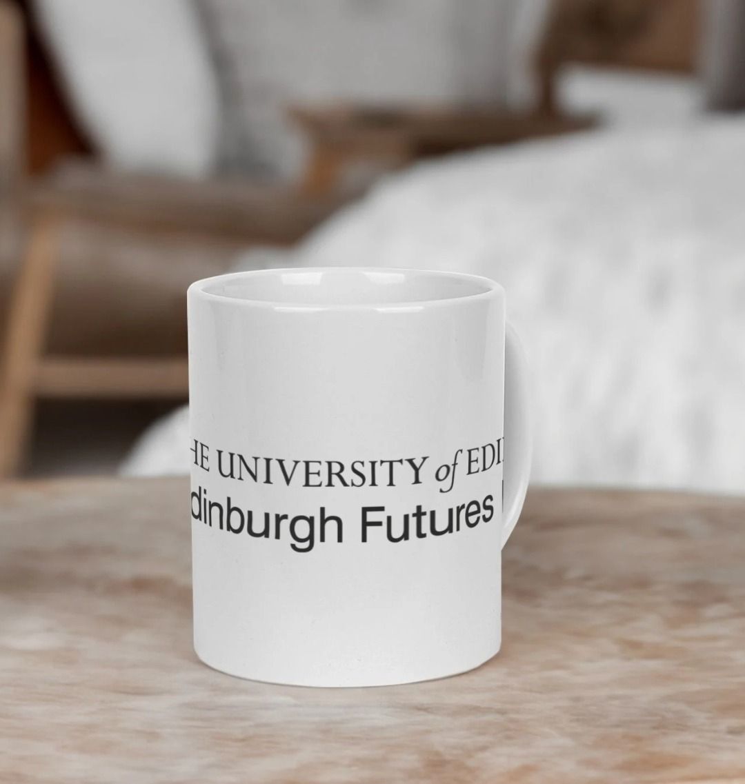 White Edinburgh Futures Institute Mug with printed black crest and logo