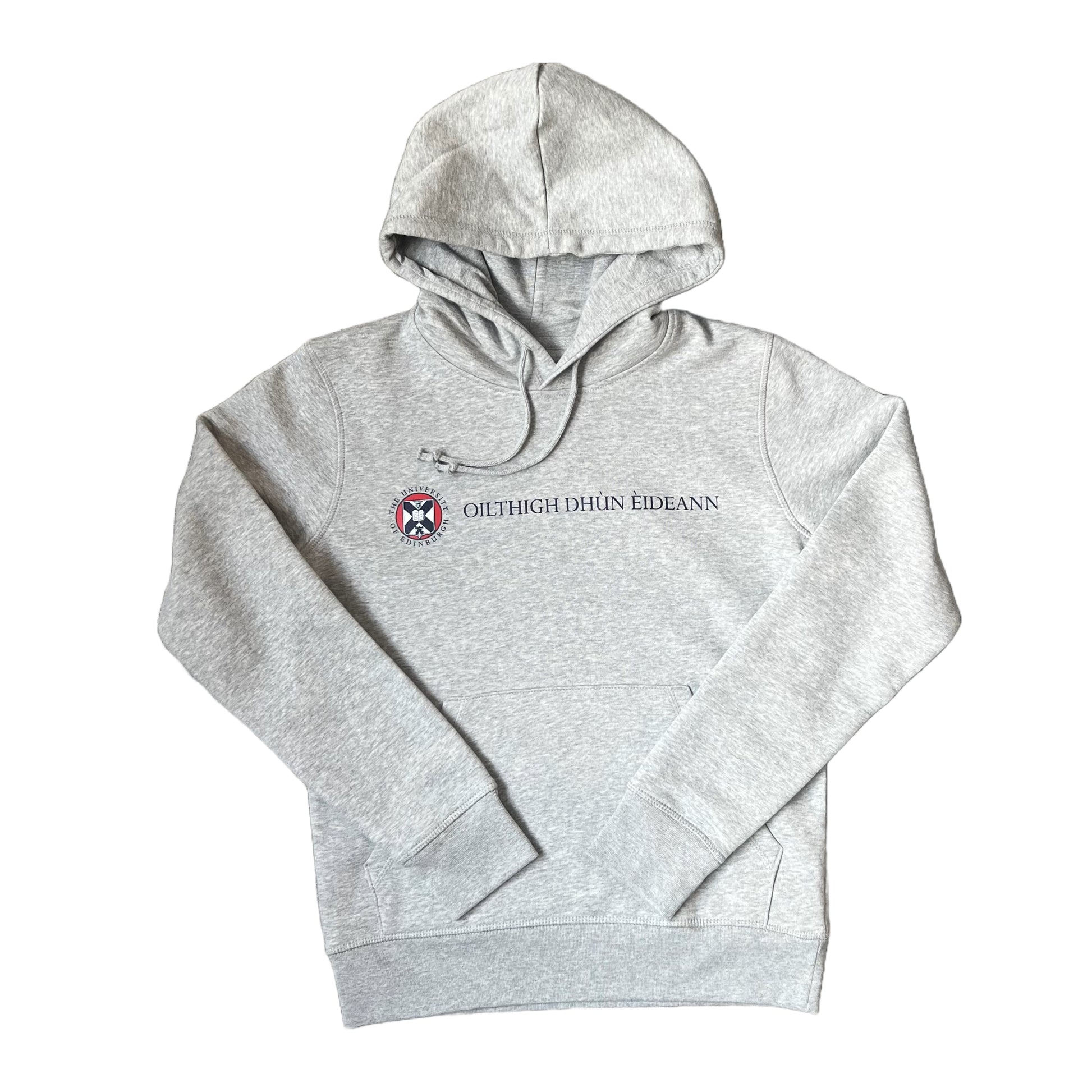 Grey hoodie with the University name in Gaelic in navy print and university crest in navy red and white print