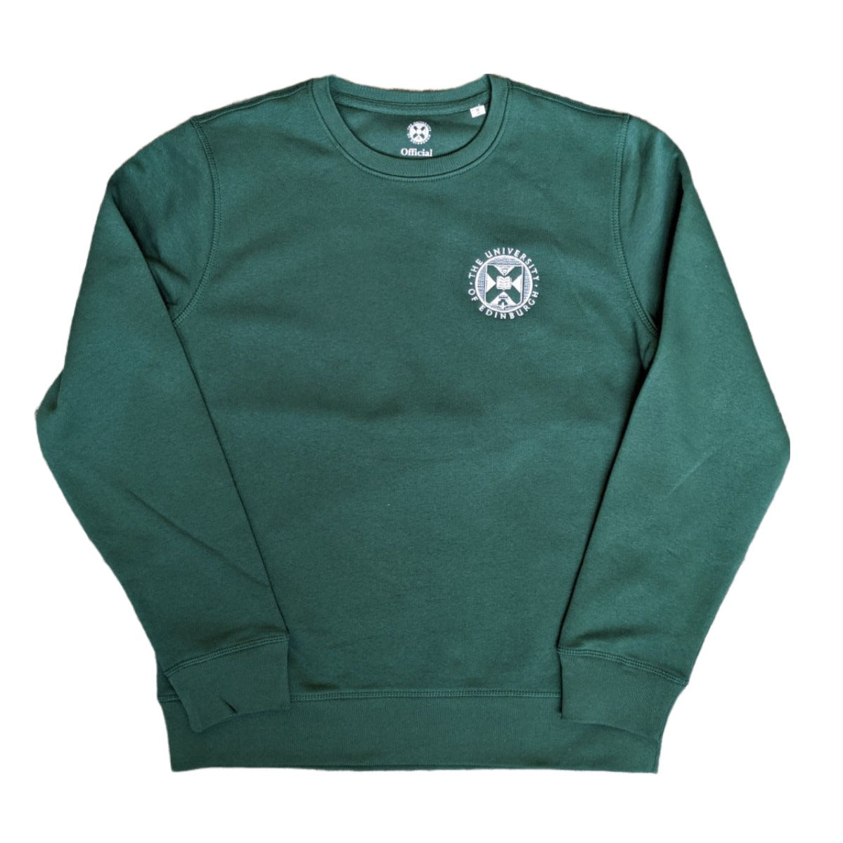 premium bottle green sweatshirt with white embroidered university crest 