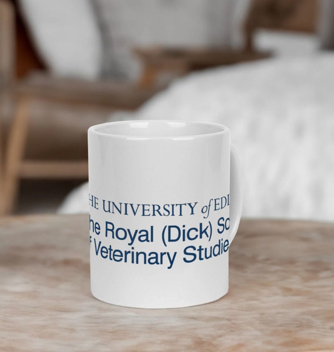 White Royal (Dick) School of Veterinary Studies mug with multi-colour printed University crest and logo