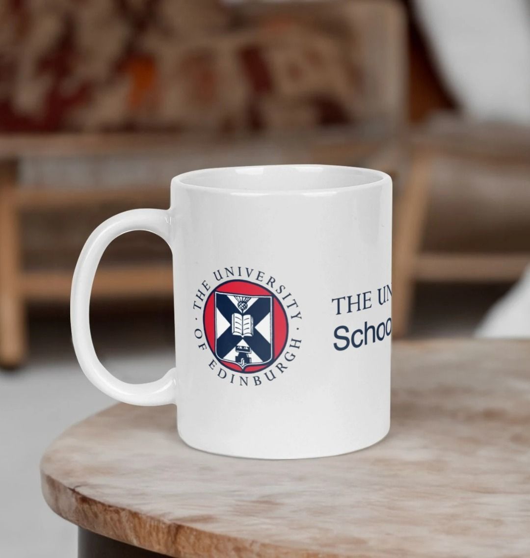 White School of Biological Sciences mug with multi-colour printed University crest and logo