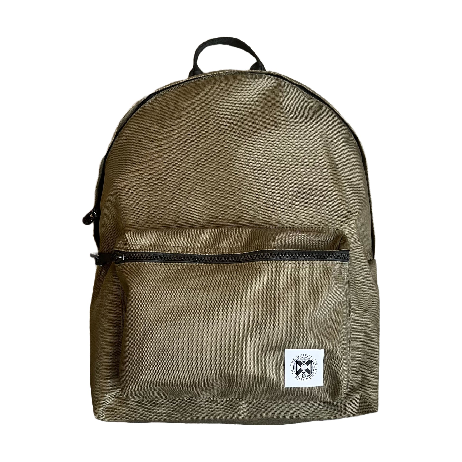 Khaki backpack with a front pouch. It has the University of Edinburgh's crest stitched onto the front pocket.