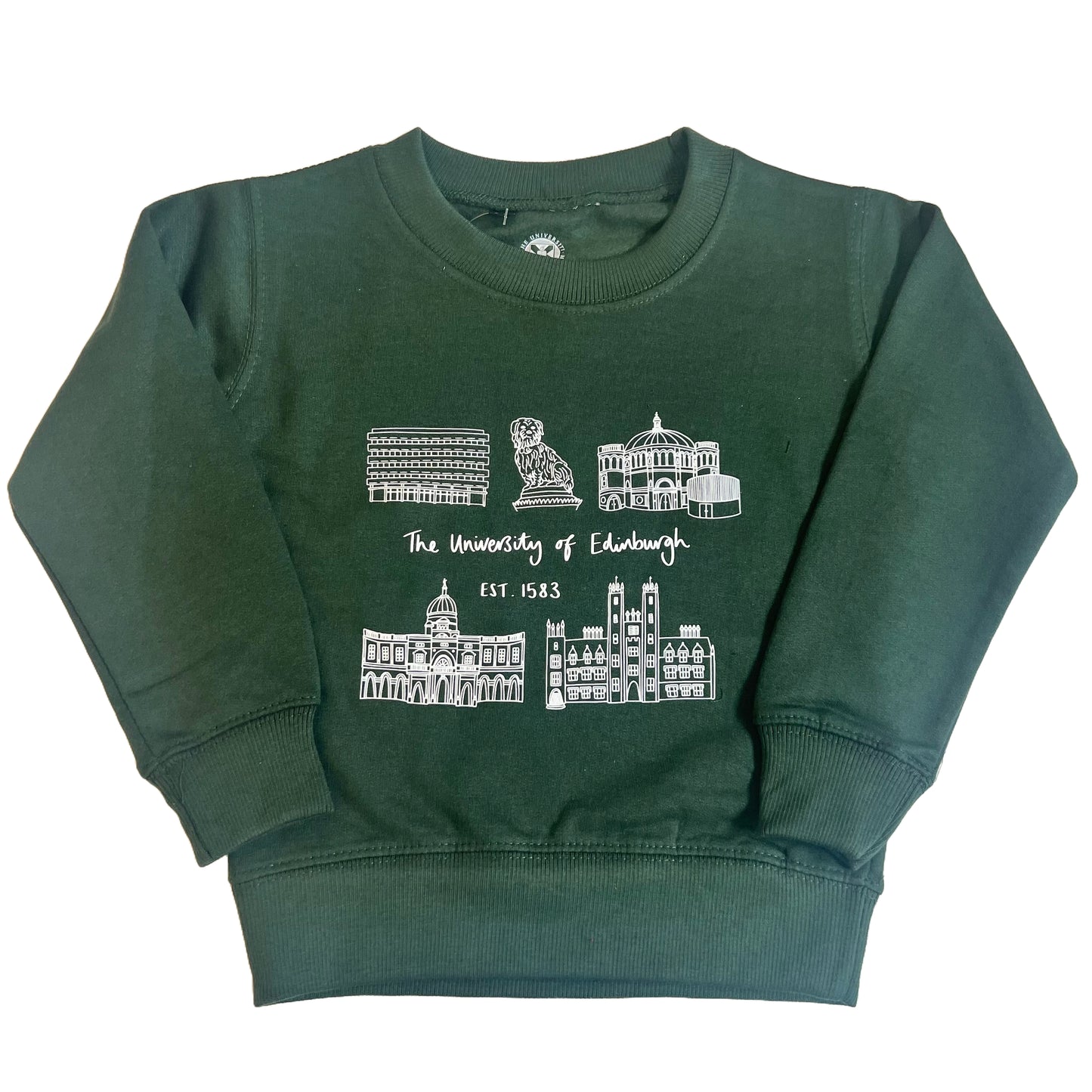 Light blue sweatshirt with white illustration of the main library, greyfriars bobby, mcewan hall, old college, new college, and text saying 'the university of edinburgh established 1583