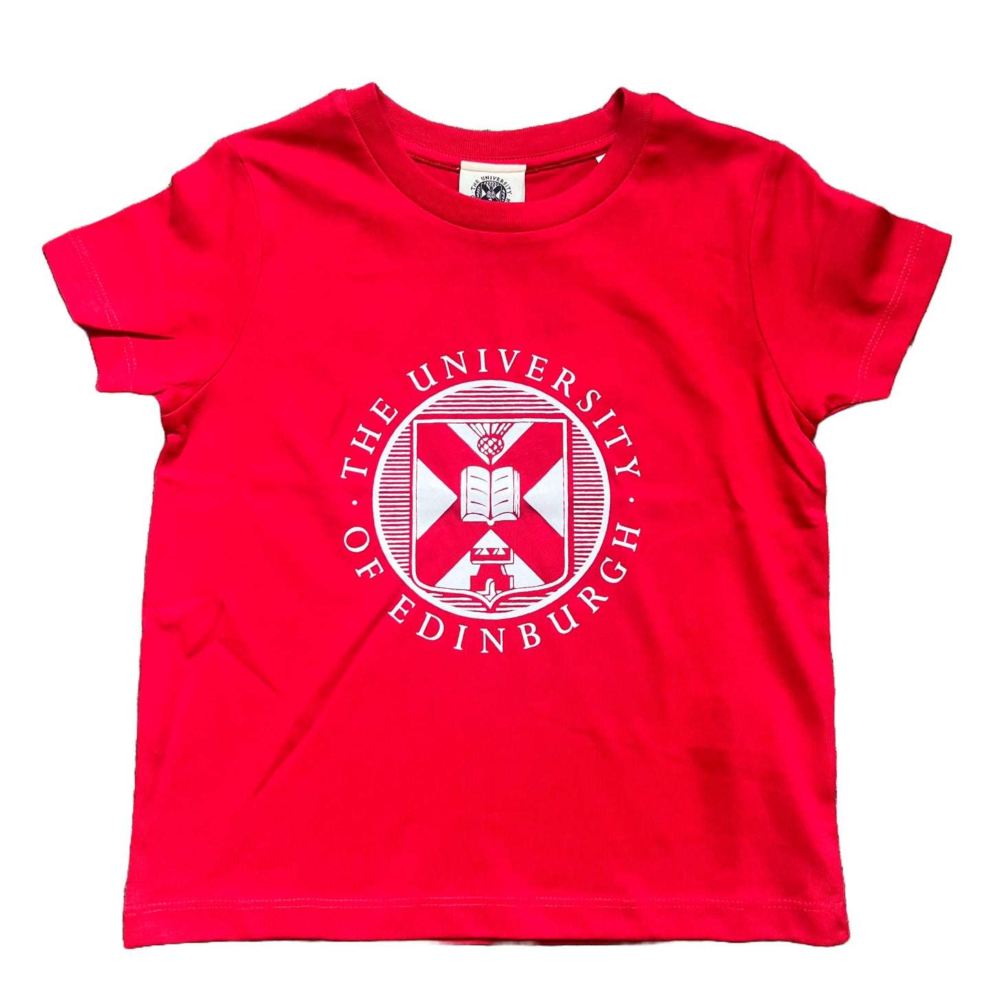 A bright red kids t-shirt with large white University crest.