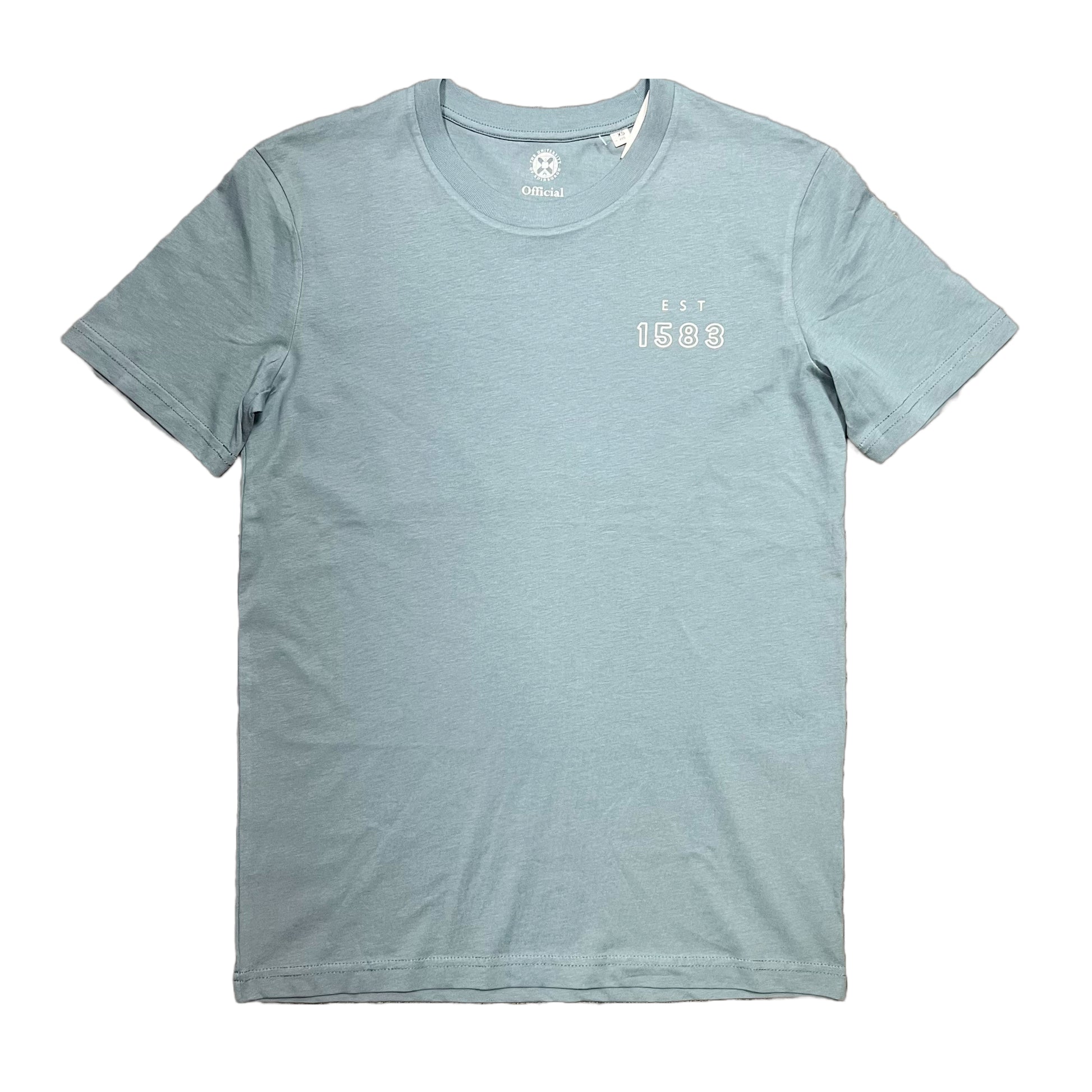 McEwan Hall Coordinates T-Shirt in Blue. Image showing front design with text 'EST 1583'.
