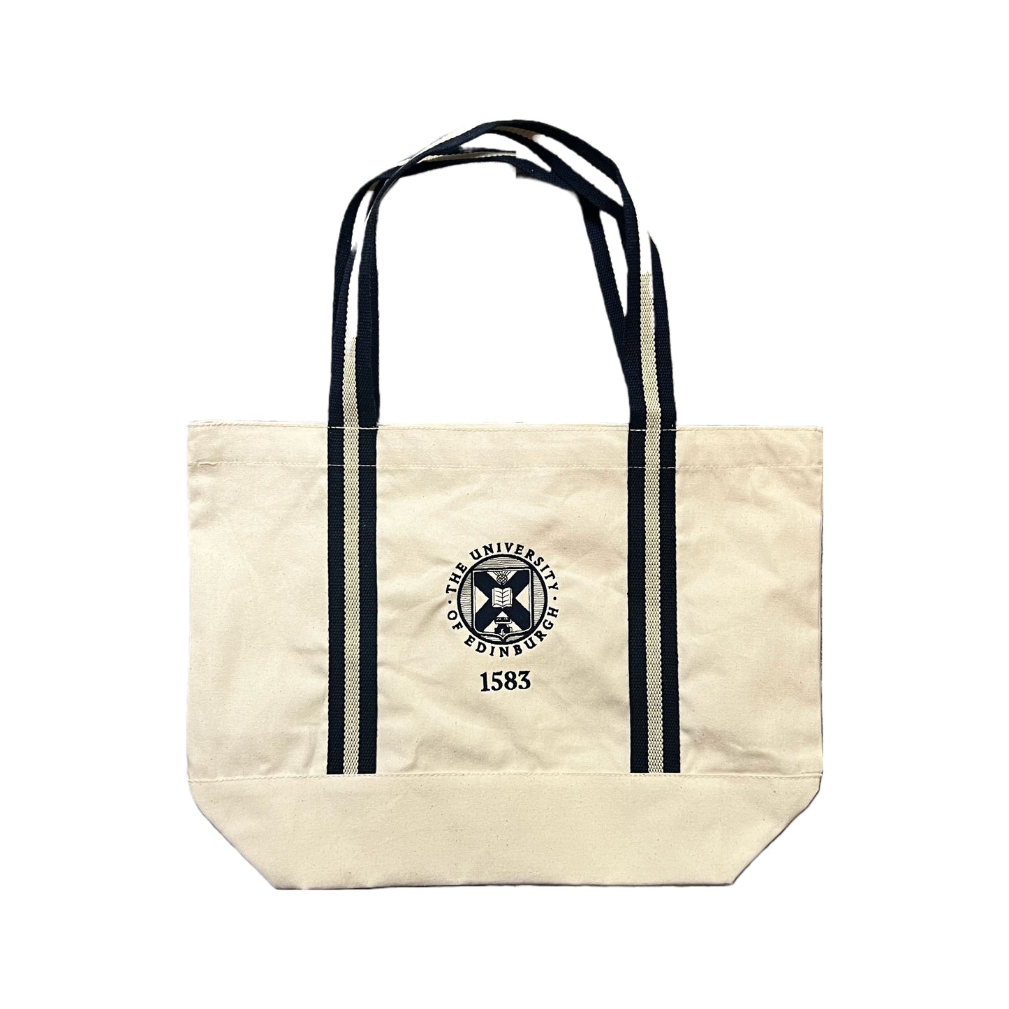 Boat Tote Bag -Navy striped handles and University Crest in centre with Navy colouring. Cotton/Canvas type material