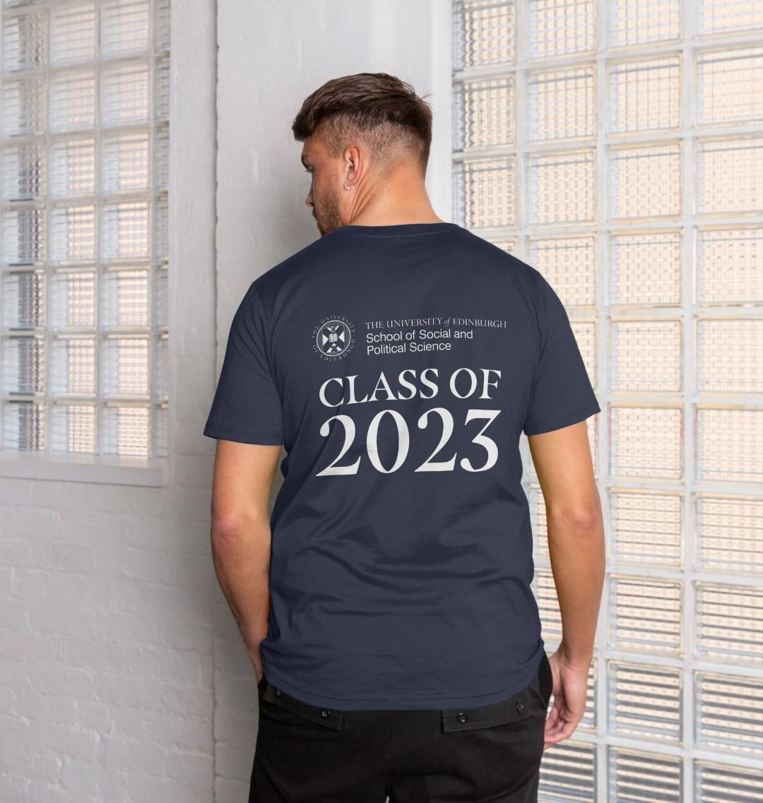 Model wears Navy Blue School of Social and Political Science 'Class Of' Graduate T-Shirt showing back design. 