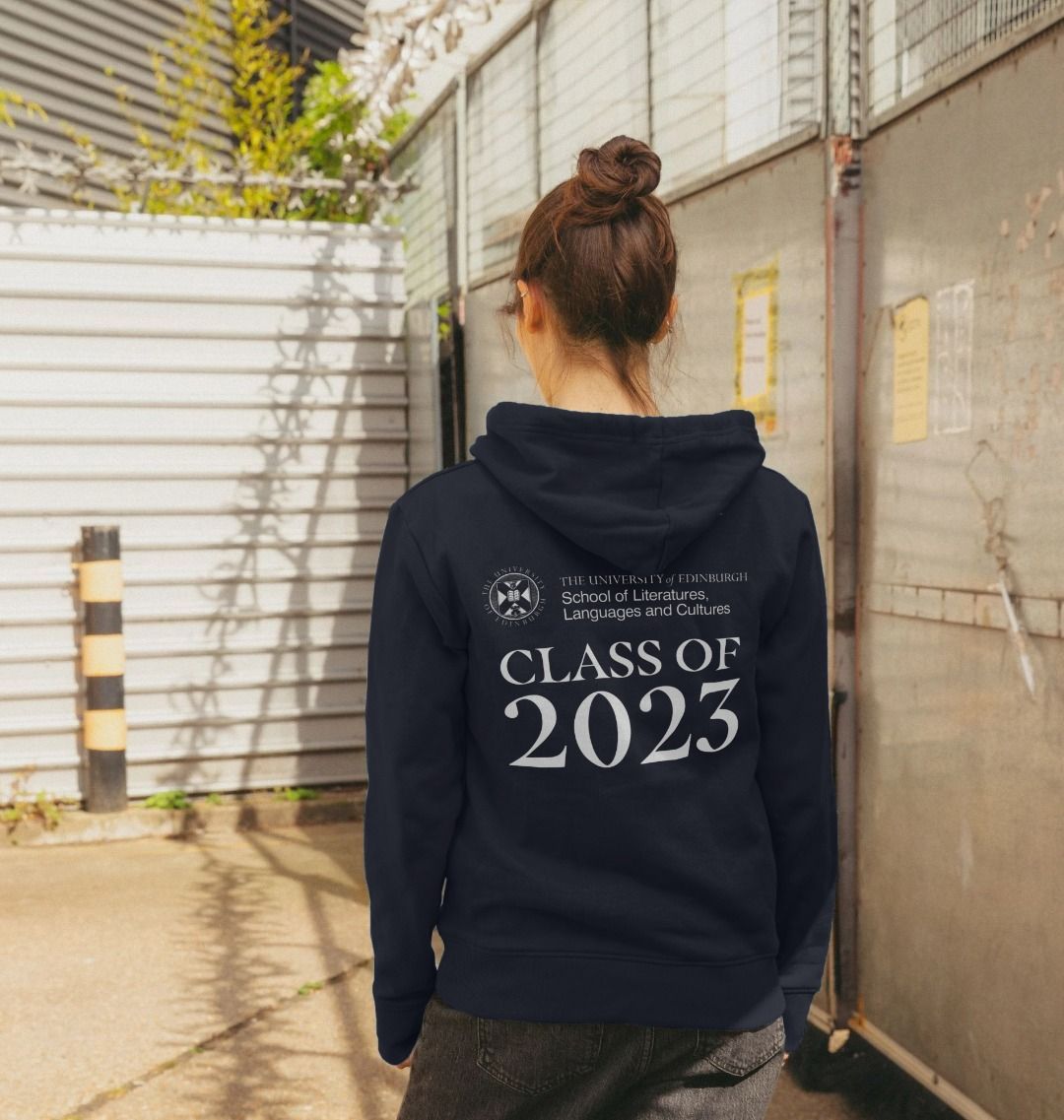Model wears Navy School of Literatures, Languages and Cultures 'Class Of' Graduate Hoodie showing back design.