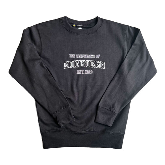Black pullover sweatshirt with The University of Edinburgh EST. 1583 embroidered in white on the chest.