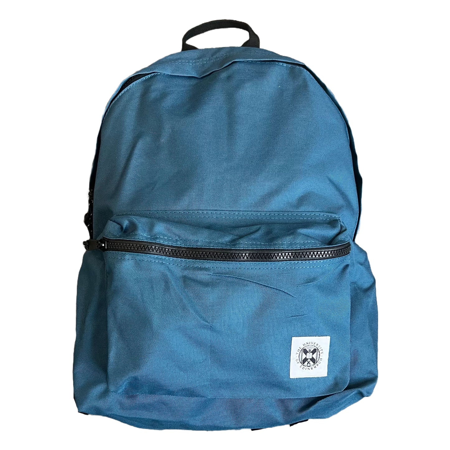 Blue backpack with a front pouch. It has the University of Edinburgh's crest stitched onto the front pocket.