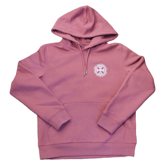 hibiscus pink hoodie with a white university crest embroidered on the upper right chest area