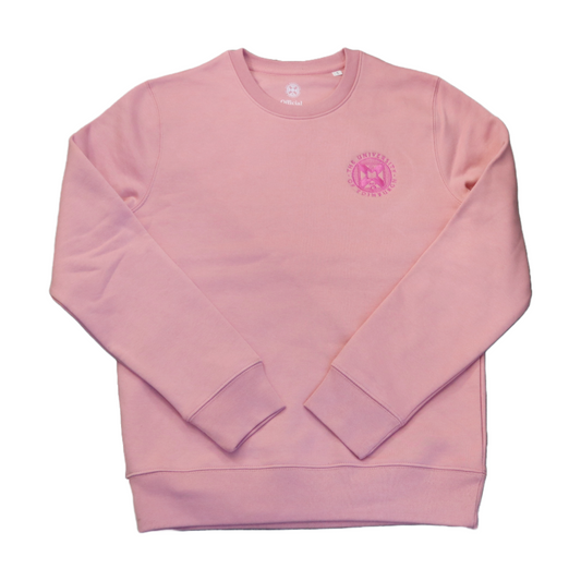 bubblegum pink tonal crew sweatshirt with a shiny pink embroidered university crest in the upper right chest area