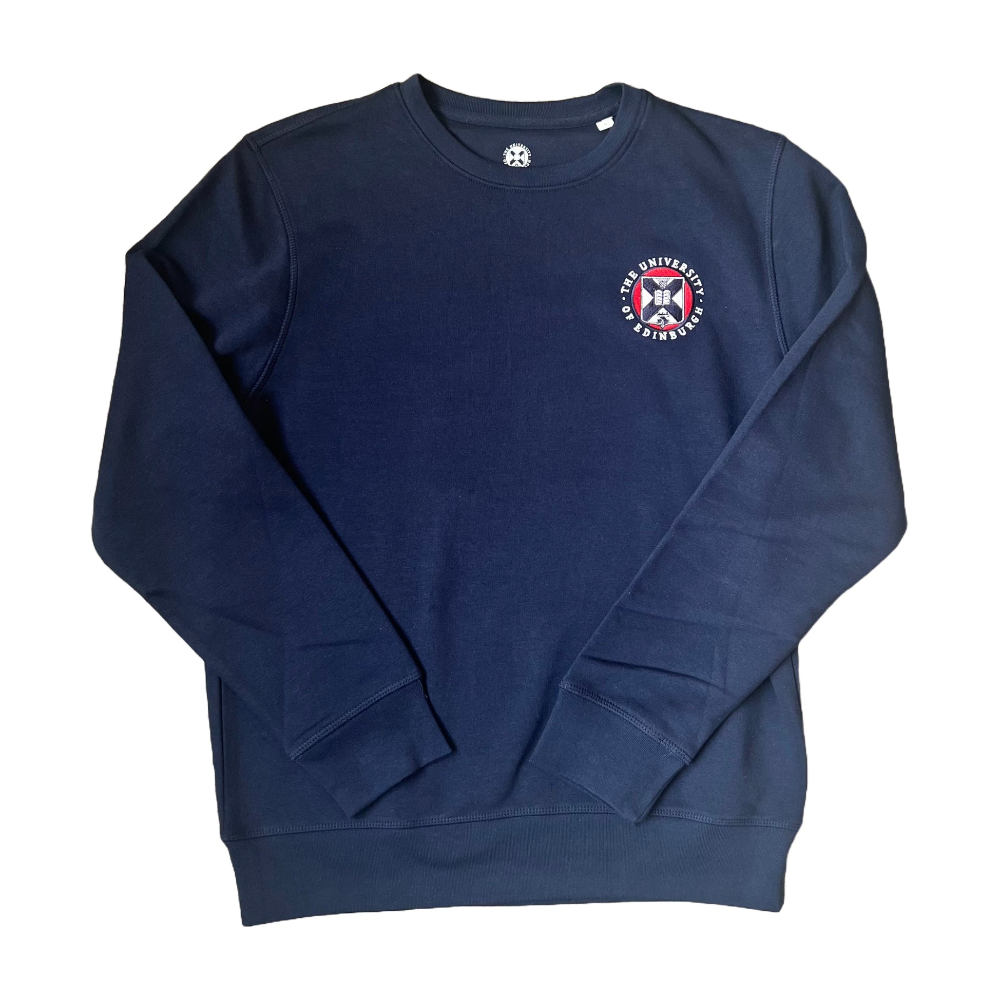Navy crew neck sweatshirt with the University crest embroidered on the breast in full colour embroidery.