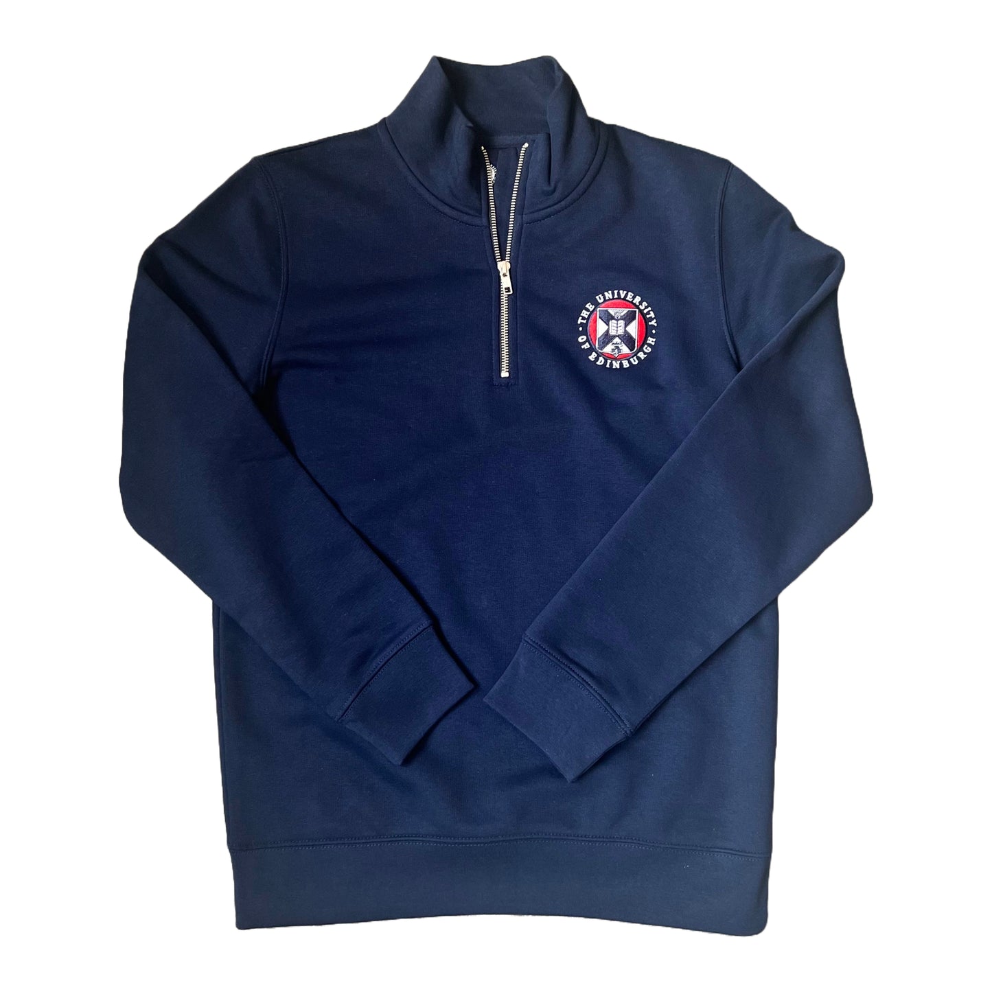 Quarterzip sweatshirt in Navy with full colour embroidery of the crest on the breast.
