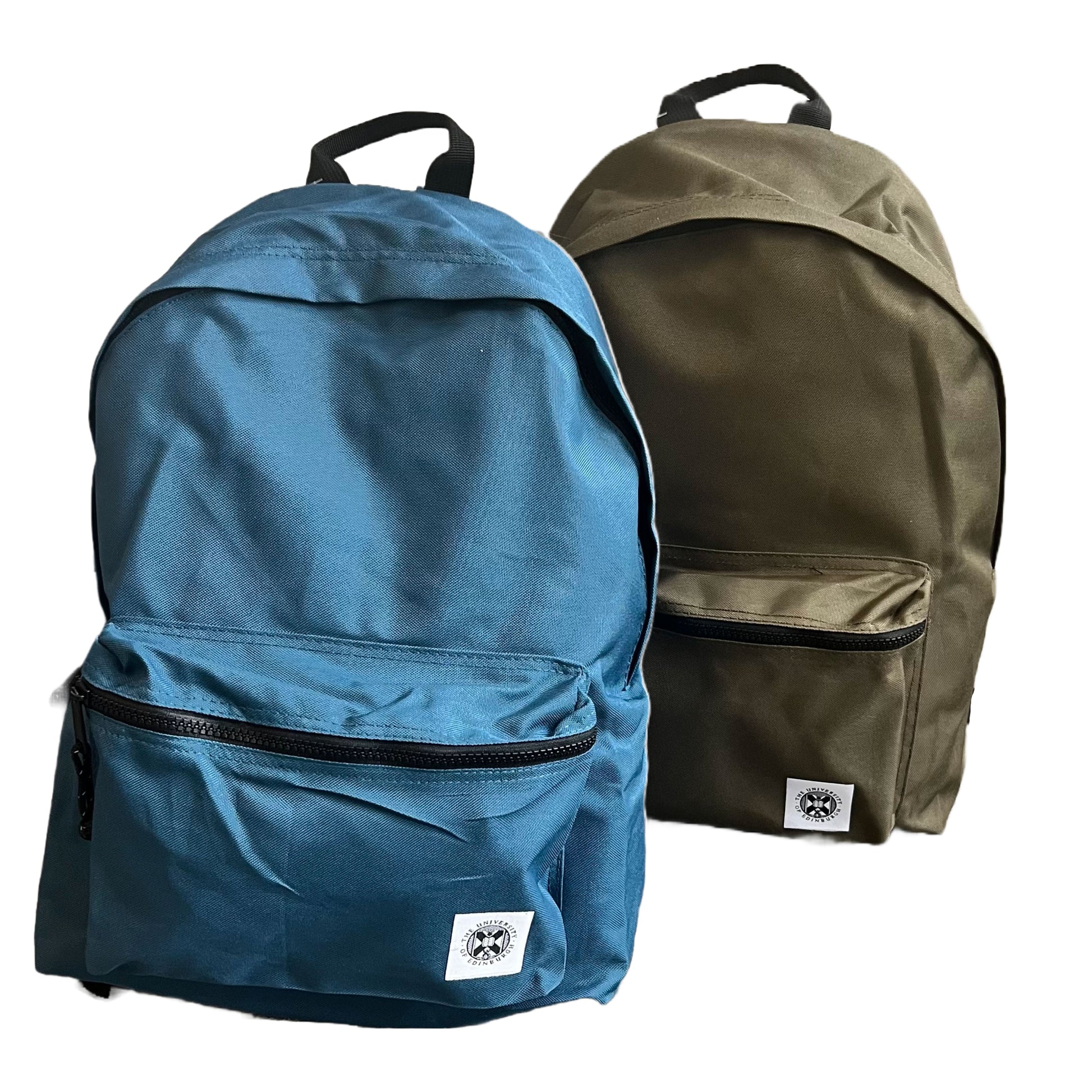Two backpacks, one blue and one khaki green coloured. They have a front pocket with the University of Edinburgh's crest stitched onto it. They are made of recycled materials.