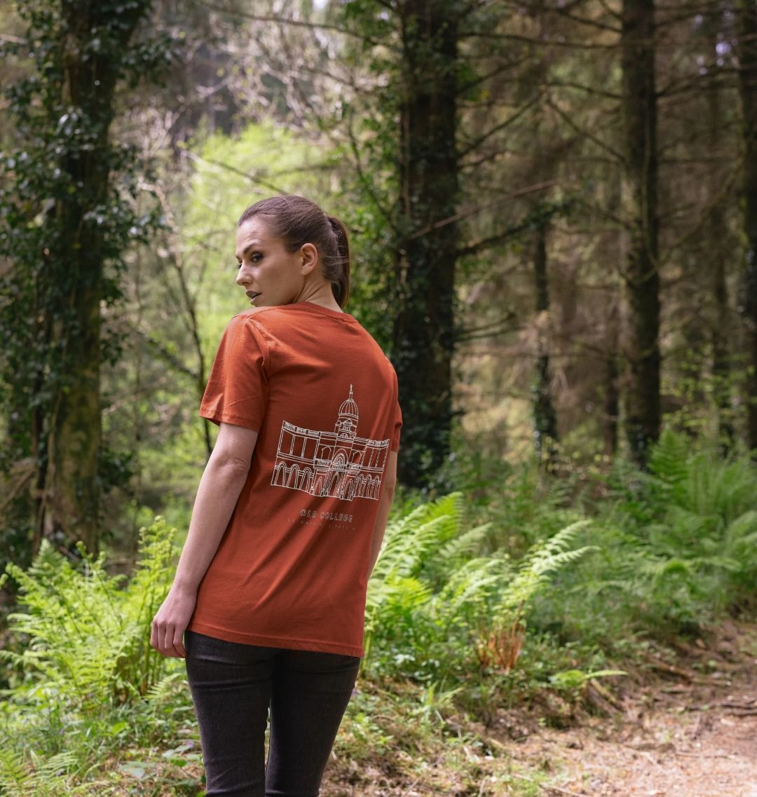 Model shows back of Rust Old College Coordinates Design T-Shirt