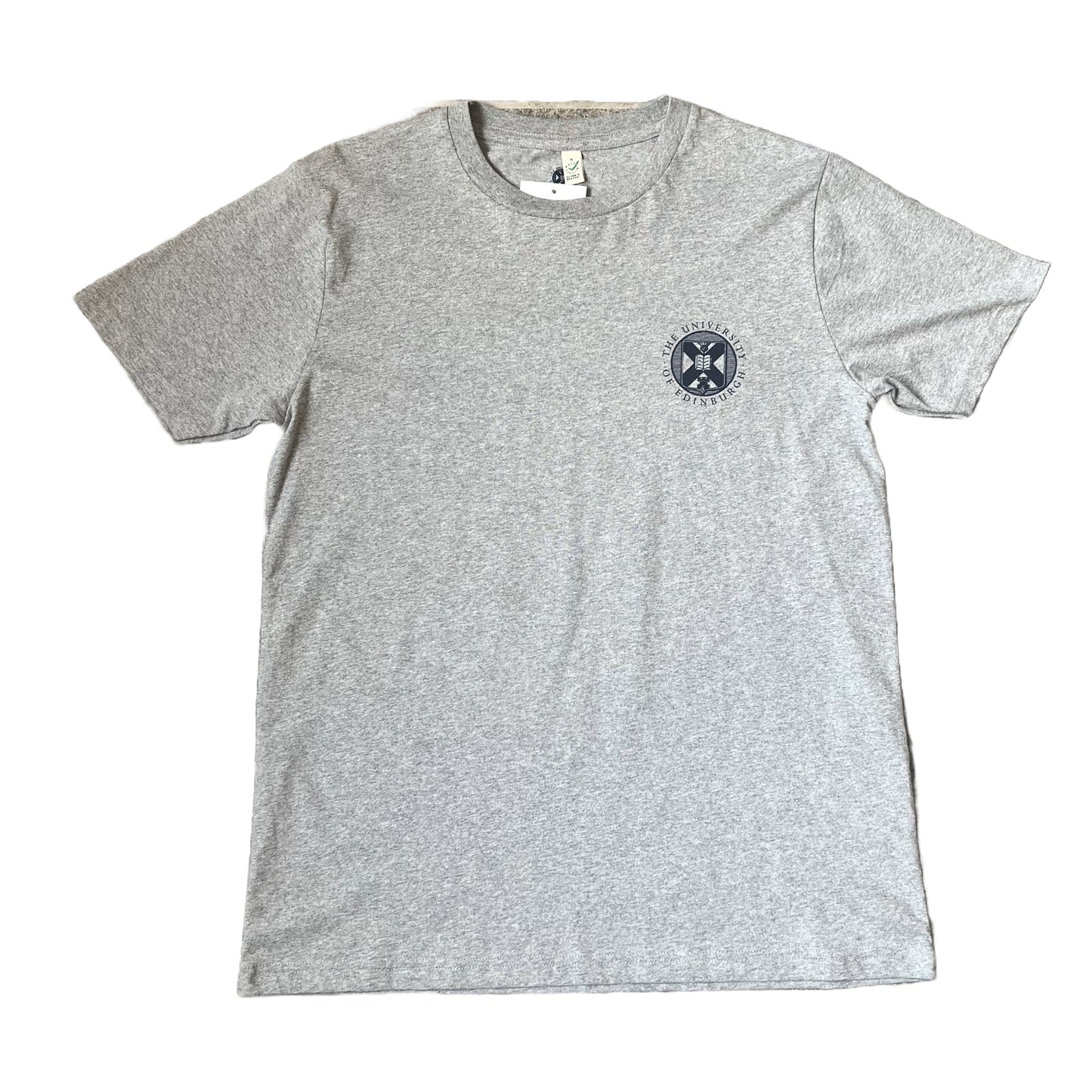 A light grey t-shirt with the University crest printed in navy