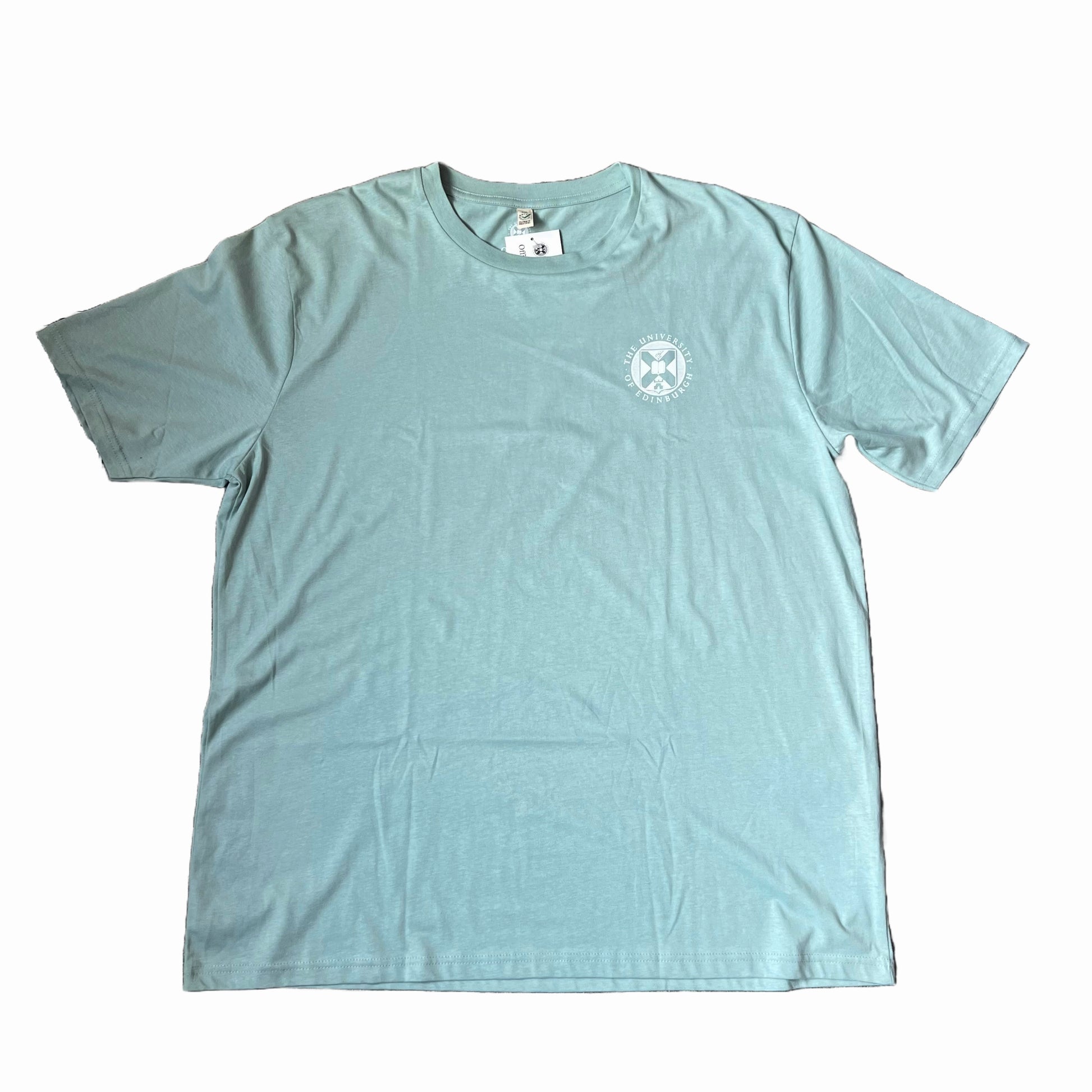 A light blue green t-shirt with the University crest printed in white