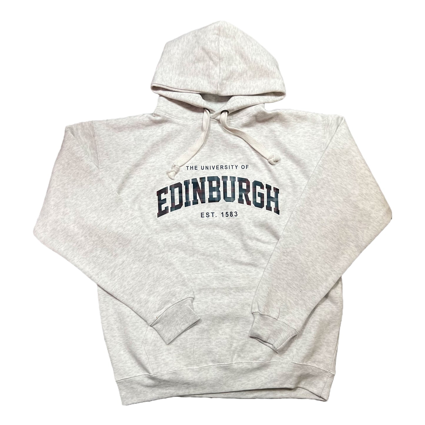 Ash Grey Hoodie with 'The University of Edinburgh Est. 1583' in a Tartan Print.