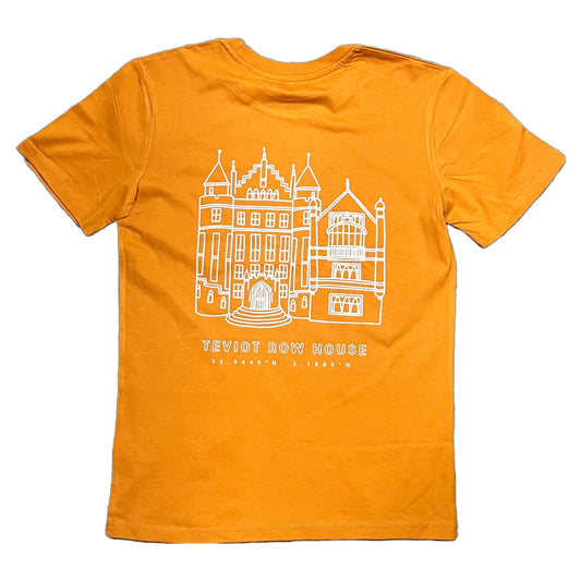 Teviot Row House Coordinates T-Shirt in Burnt Orange. Image shows back design of Teviot Row House in line art style with text and coordinates underneath.