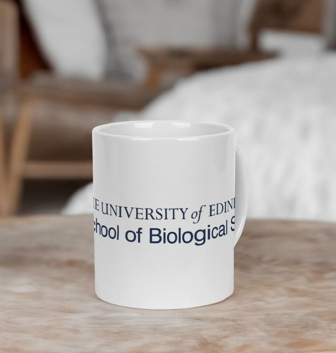 White School of Biological Sciences mug with multi-colour printed University crest and logo