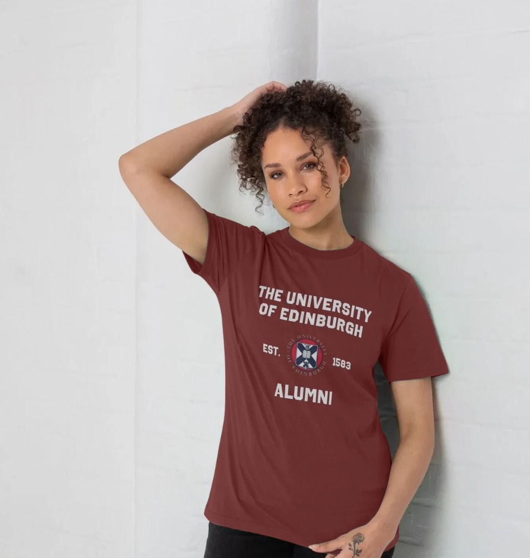 Model wears Red Wine Varsity Alumni T-Shirt.