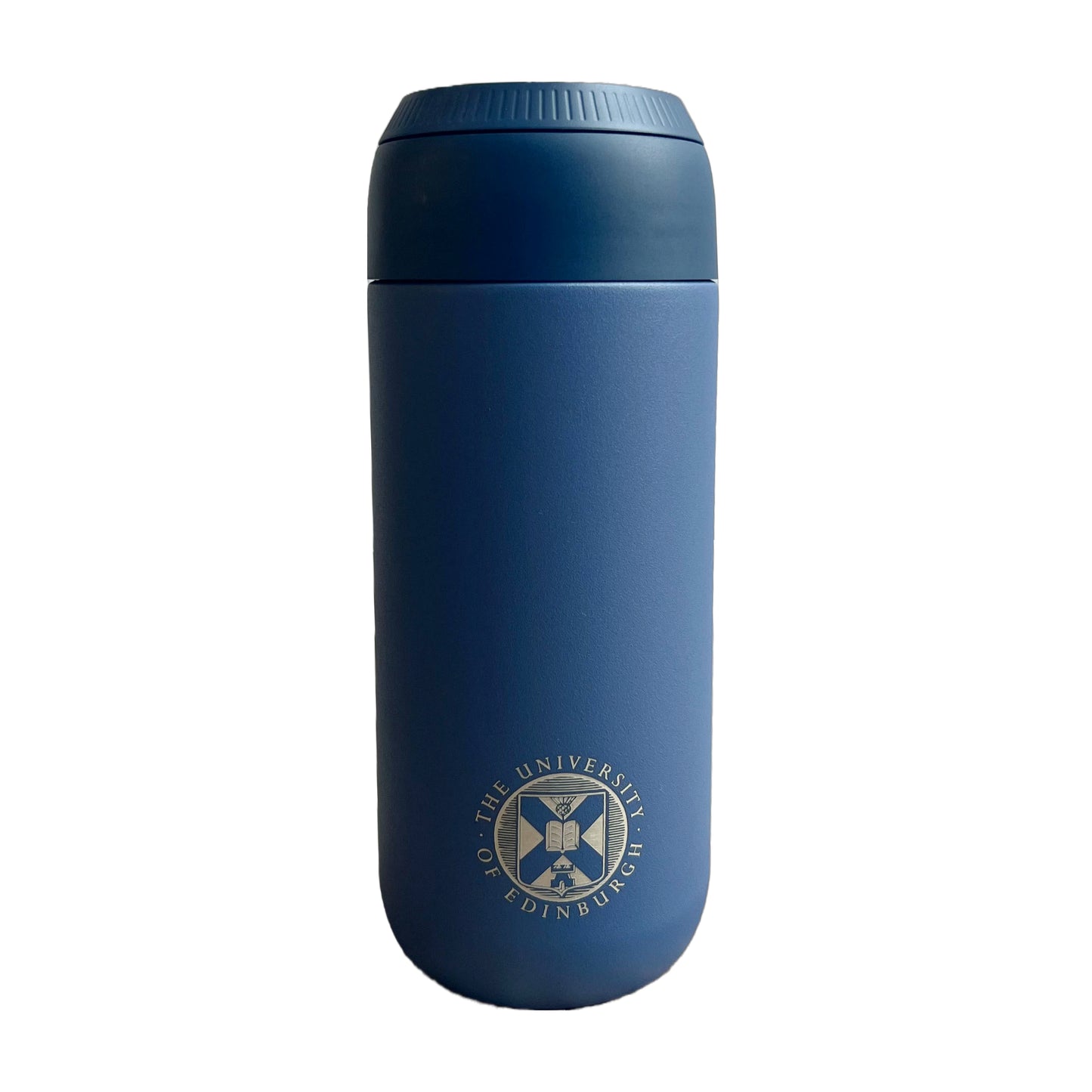 Chilly's Coffee Cup in Whale (Ocean blue), with University of Edinburgh Crest in silver foil.