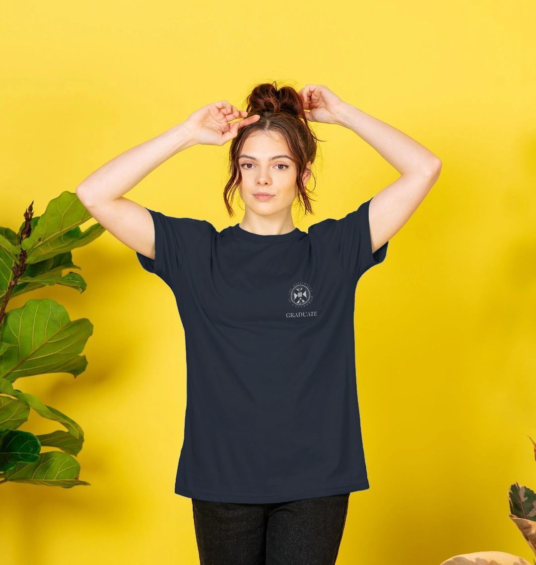 Model wears Navy Blue Moray House 'Class Of' Graduate T-Shirt showing front design.